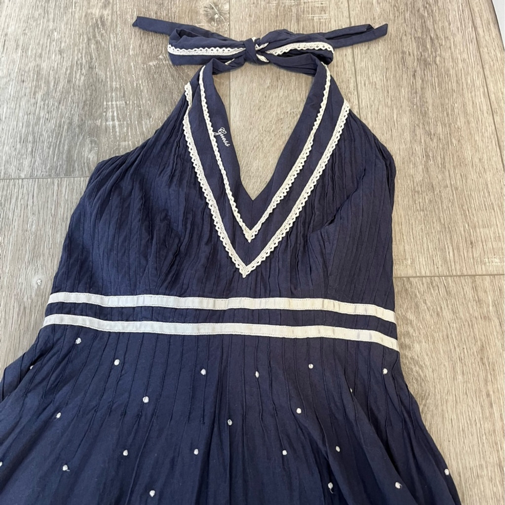 GUESS Retro Halter Midi Dress Navy Cotton With Cream Crochet and Embroidery Trim - Picture 5 of 12